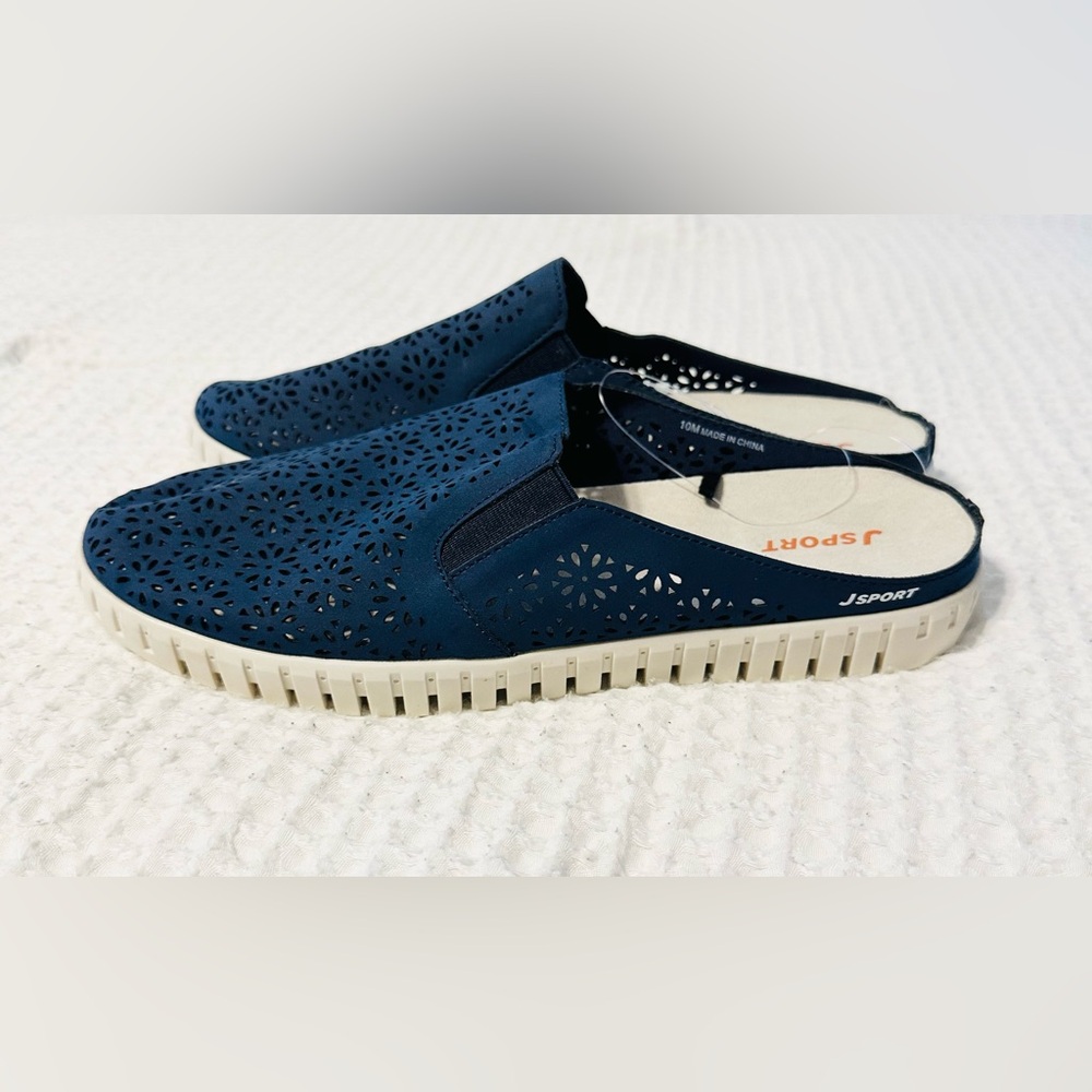 J Sport Shoes Womens 10 M Floral Mules Blue Faux‎ Leather Comfort Slip On Round